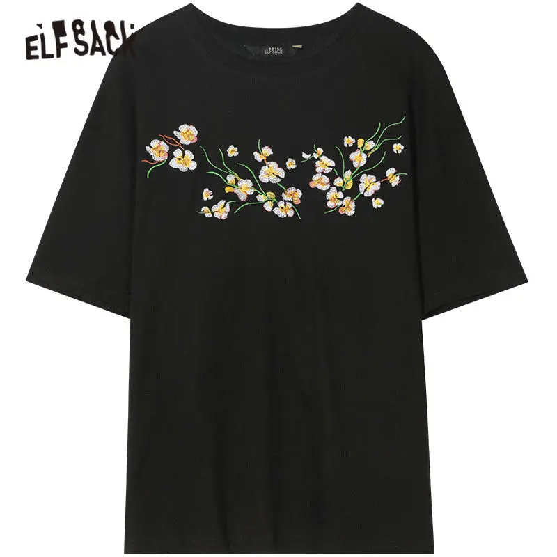 

ELFSACK Black Floral Crane Embroidery Casual T-Shirts Women 2020 Summer ELF White Short Sleeve Korean Style Ladies Daily Tops