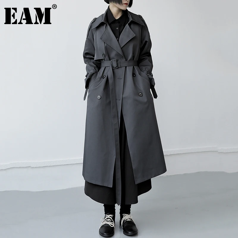 

[EAM] Women Black Belted Long Big Size Trench New Lapel Long Sleeve Loose Fit Windbreaker Fashion Spring Autumn 2021 1DE3403