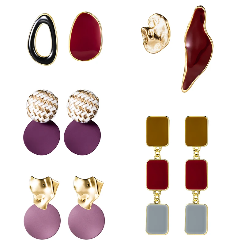 

2019 New Design Vintage Colorful Enamel Irregular Geometric Asymmetric Oval Round Long Stud Earrings for Women Girl Jewerly Gift