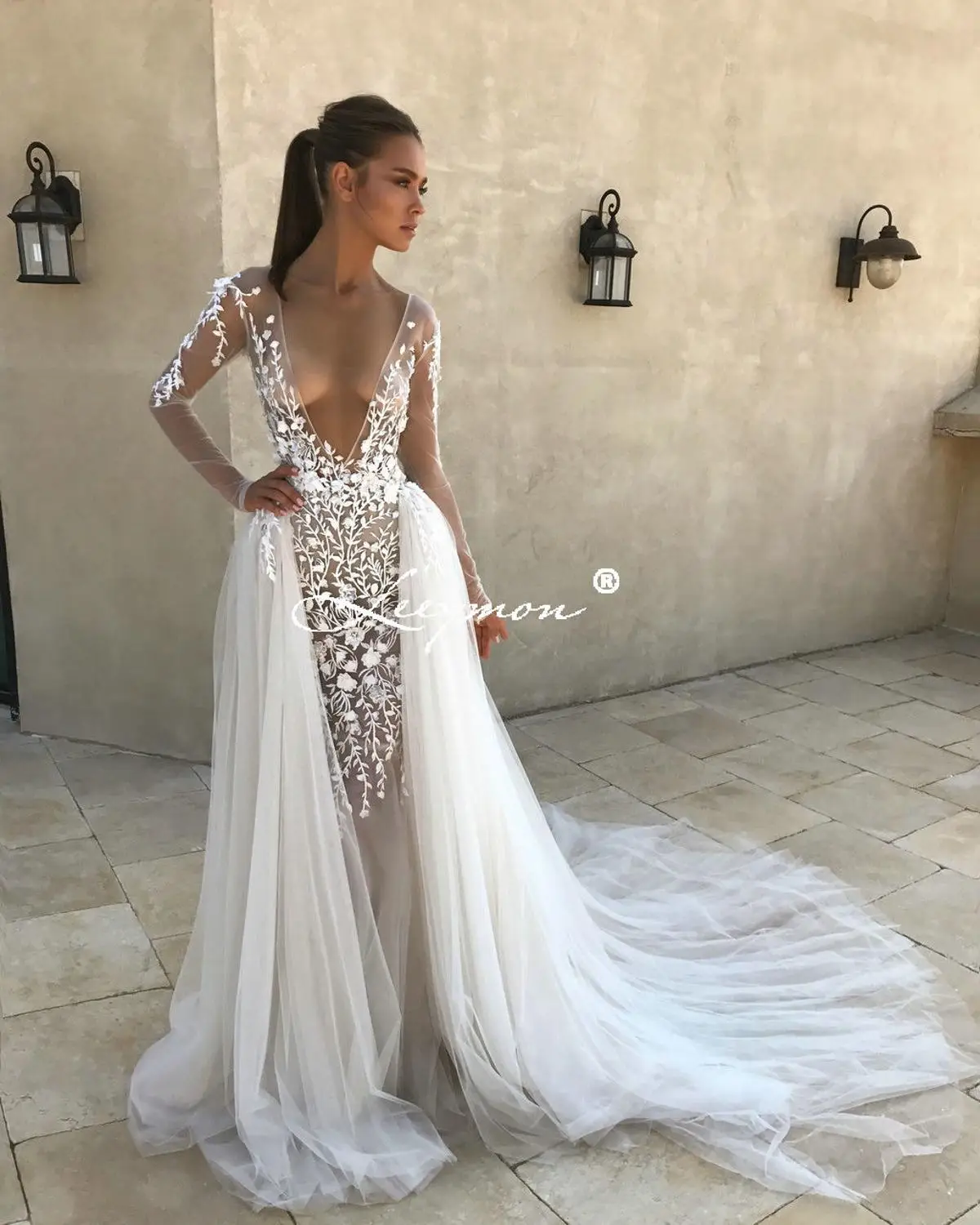 Leeymon 2020 New Sexy Mermaid Wedding Dress Appliques Sequins Fashion Elegant Bridal Gown Detachable Train Robe De Mariee | Свадьбы и