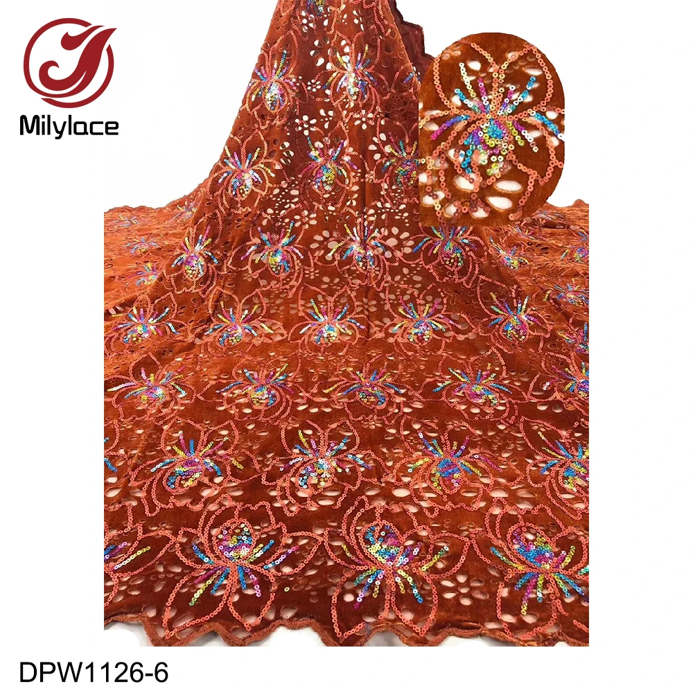 

New Coming African Velvet Lace Fabric with Color Sequins Hot Selling Nigerian Hollow-out Velvet Lace Fabric for Party DPW1126