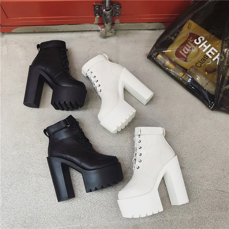 

Autumn Winter Lace-Up Square Heel Martin Boots Zipper Thick Bottom Platform Super High Heels Black White Party Women Ankle Boots
