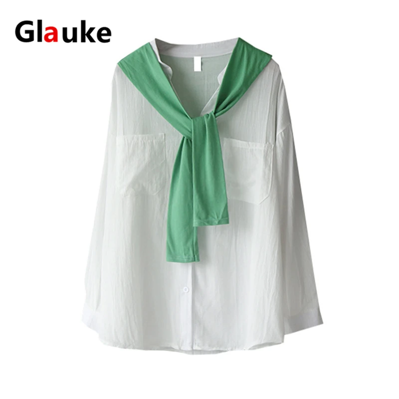 GLAUKE Женская Весенняя новая белая рубашка с шарфом для отдыха длинными рукавами
