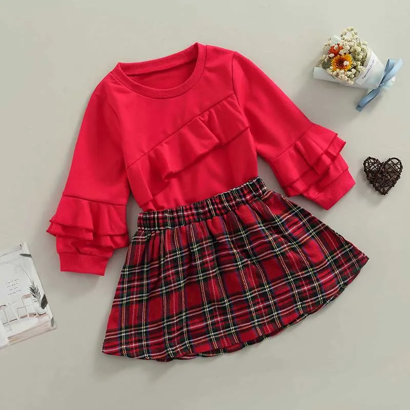 

New Years Girl’s Outfits Two Piece Suit Fashion Solid Color Ruffle Long Sleeve Sweatshirt Tops and Plaid Short Skirt Autumn Fall