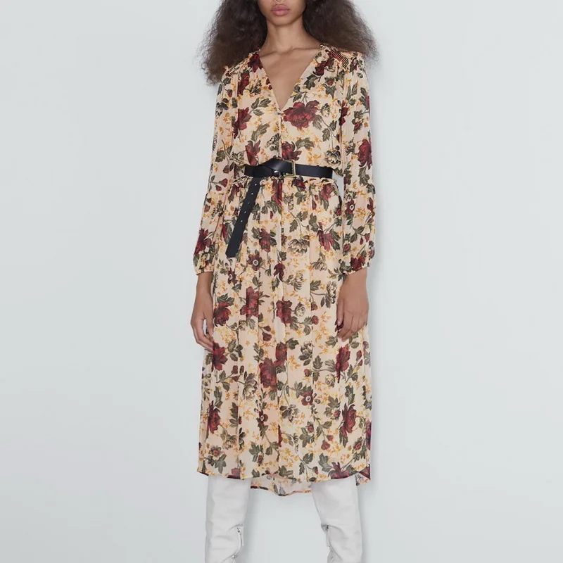 Осеннее платье с цветочным рисунком новинка 2019 Модные Винтажные женские платья