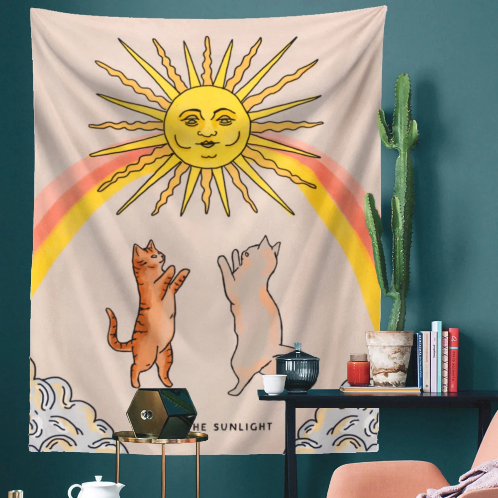 Настенный гобелен в виде милого кота и солнца гобелены с радужным солнечным
