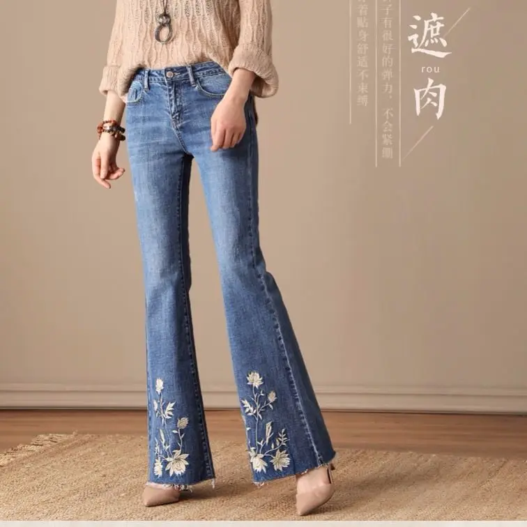 

2021 New Flower Embroidery Loose Jeans Woman Vintage Wide Leg Flare Pants Female High Waist Plus Size Elastic Denim Trousers A54