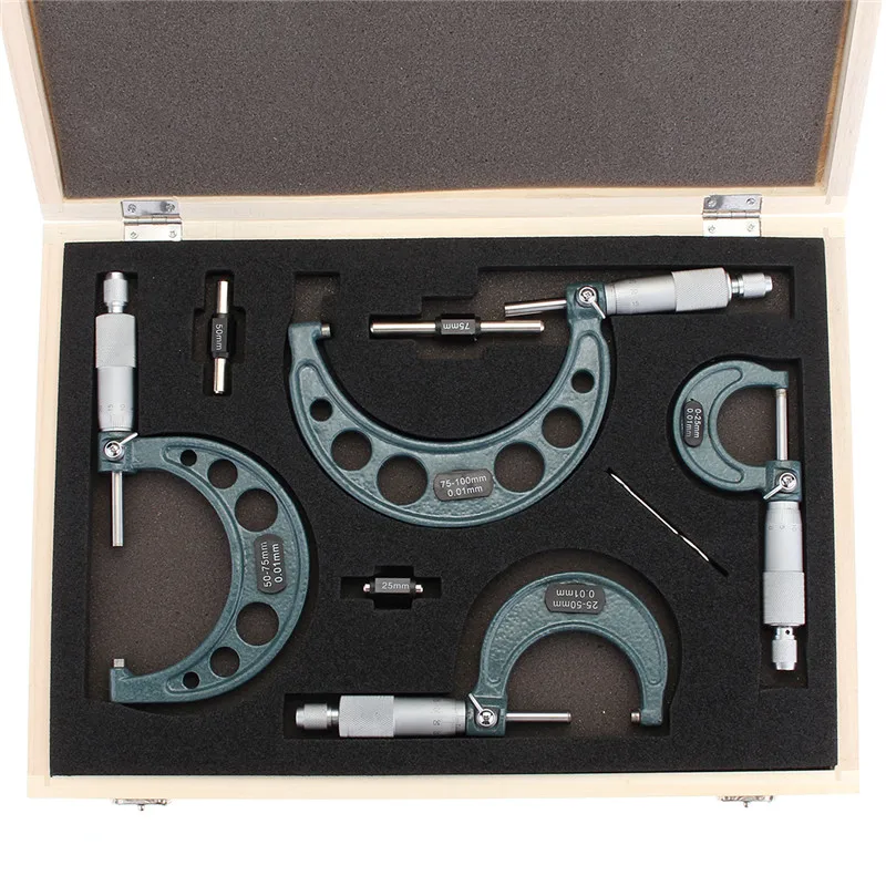 

4pcs Outside Micrometer Set Machinist Tool 0-4" 0-100mm 4 Precision 0.01mm Accuracy Carbide Micrometer Set Kit Measure Tools