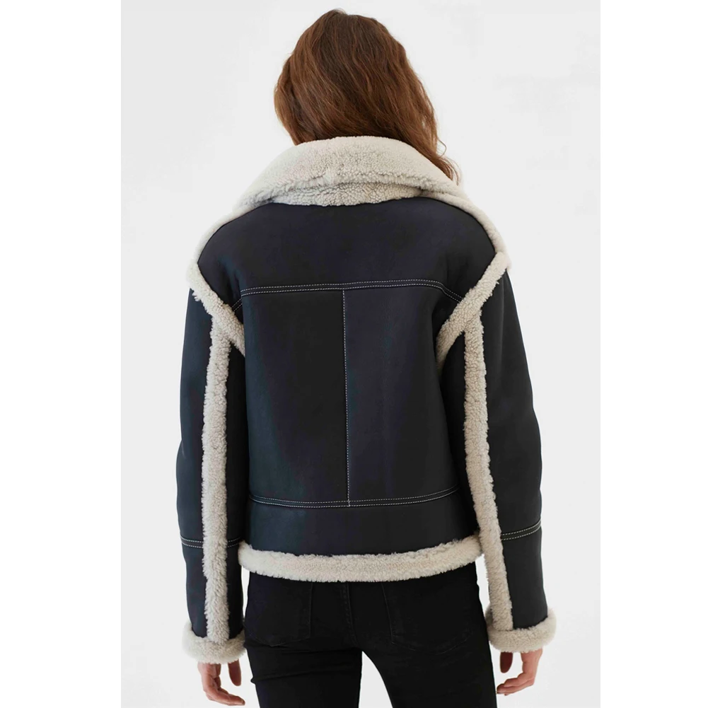 2019 New Womens B3 Shearling Jacket Turkey Sheepskin Coat Blue Leather Jacket Biker Coat Short Fur Jacket