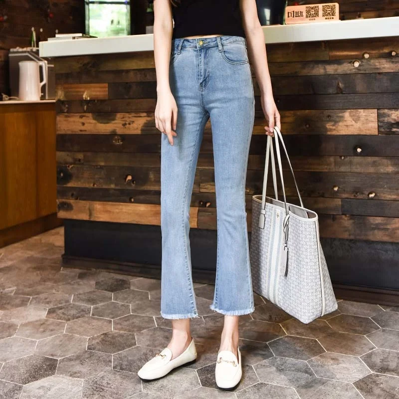 

Slightly Jeans Women's Elastic High Waist 2021spring and Autumn New Cropped Petite Cropped Pants