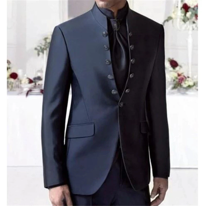 

Fashion Design Navy Blue Stand Collar Single Button Business Men's Tuxedos Custom Made Suits Set Groom Wedding Wear 2 Pieces