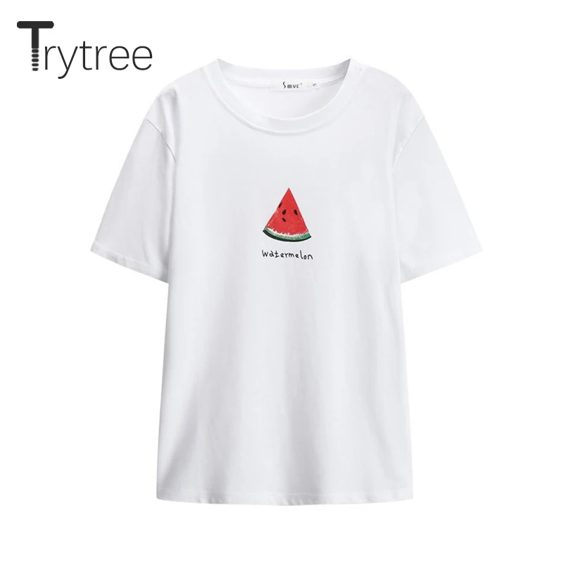 

Женская футболка с круглым вырезом Trytree, Повседневная Свободная футболка из хлопка с фруктовым принтом, 6 цветов, лето 2020