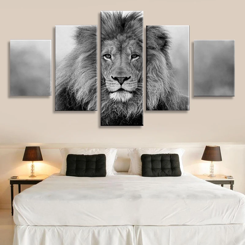 

Black And White Animals Modular Canvas Pictures Art 5 Pieces Lion Poster Decor Living Room Wall HD Printing Paintings Framework