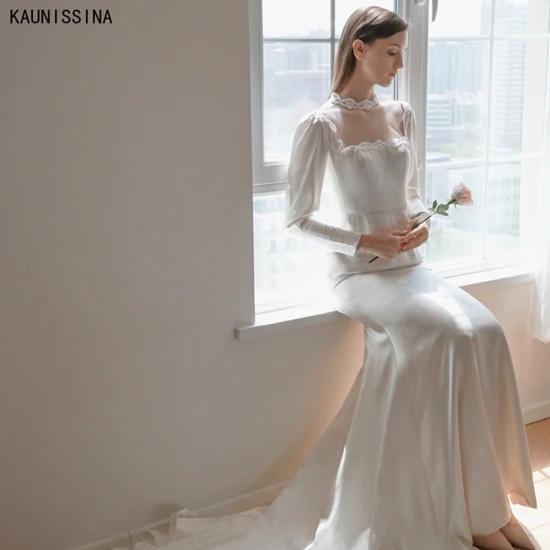 

KAUNISSINA Wedding Dress Long Sleeve Lace Neck Satin A Line Sweep Train Bridal Wedding Gowns Custom Size White Simple Bride Robe