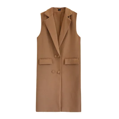 

Long Vest Women Elegant Pocket Button Suit Vest Spring Autumn Long Coat Sleeveless Outerwear Plus Size 4XL Lady Slim Waistcoat