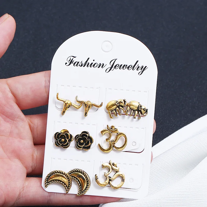 Модные простые серьги-гвоздики в форме слона золотого цвета стиле ретро набор