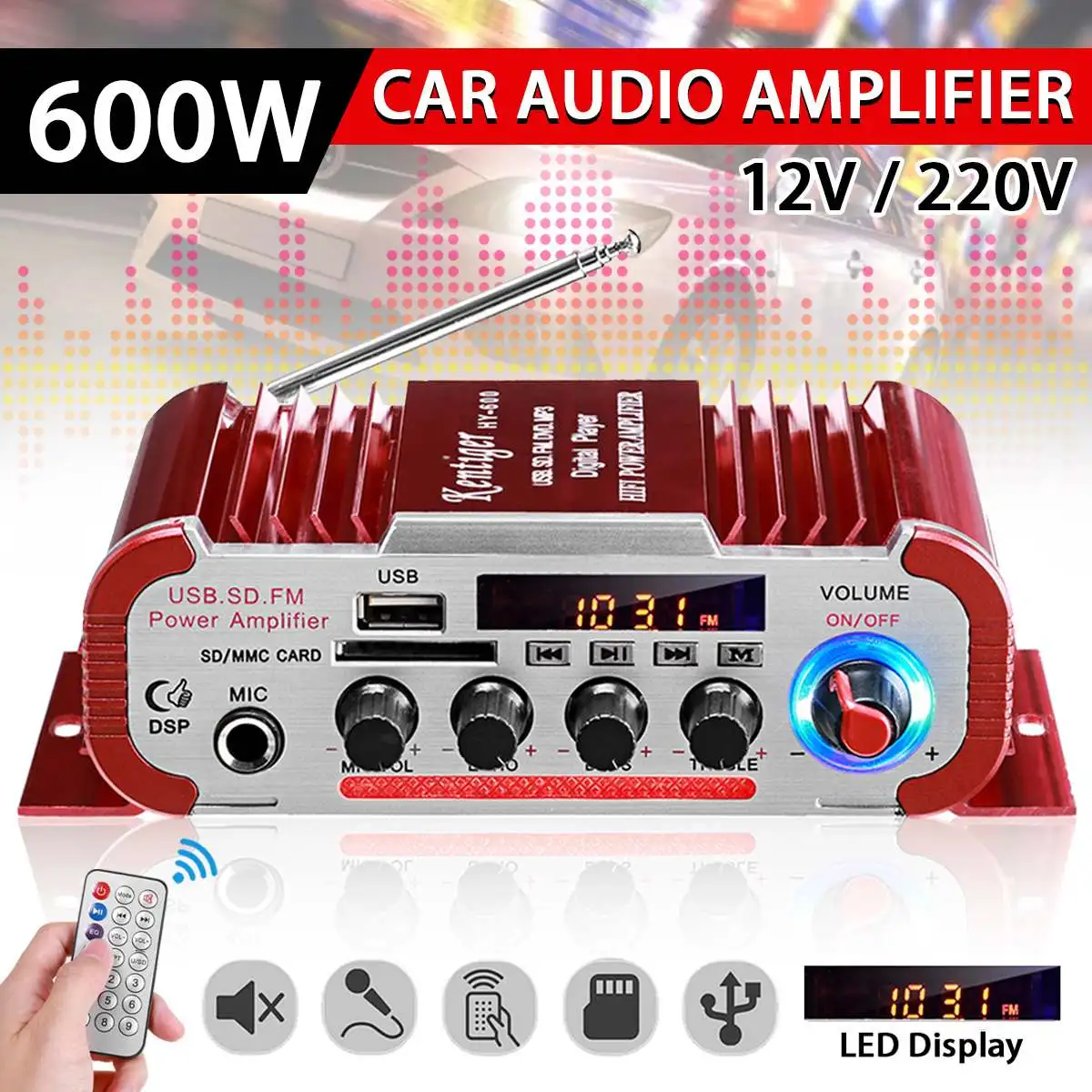 HY60 600W 12V/220V 2.0CH Hi-Fi аудио усилитель ЖК-дисплей Дисплей класса D Мощность радио