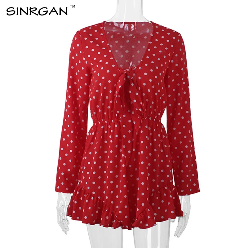 Женский красный комбинезон в горошек SINRGAN повседневный пляжный с бантом и