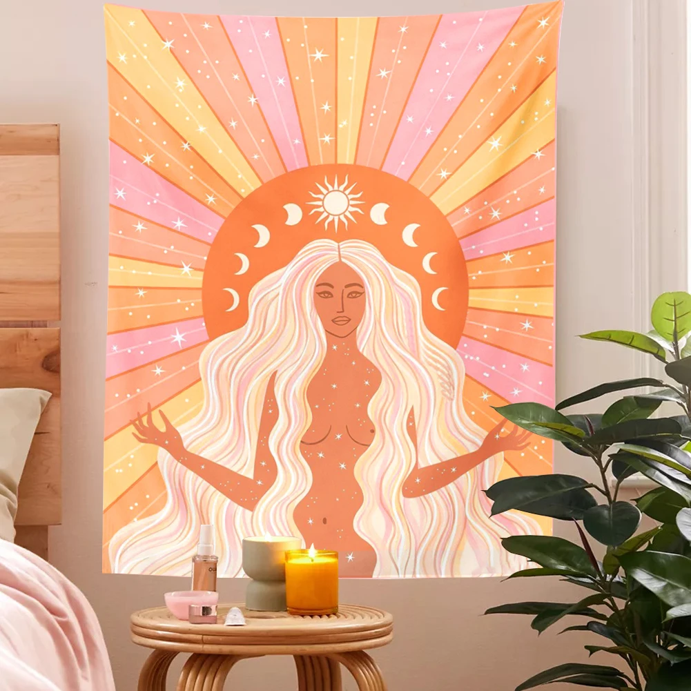 

Летний гобелен в стиле богини, Настенный декор в стиле бохо, небесные звезды, луна, волшебный солнце, настенный гобелен в стиле хиппи, декор для спальни