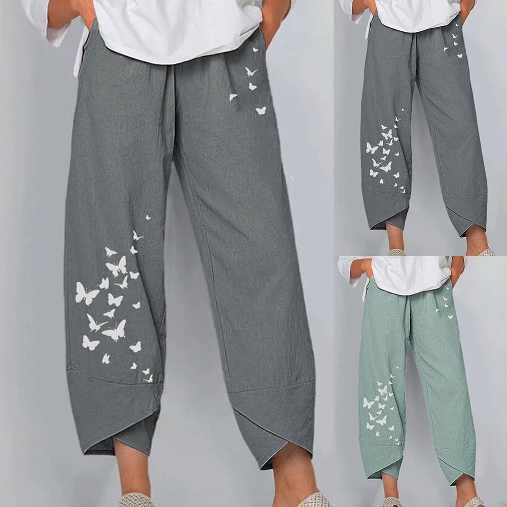 

Women Loose Butterfly Crop Print Tulip Hem Cotton Linen Pants Trouser Athleisure Elastic Waist Wide Leg Pant Chic Pantalon Pants