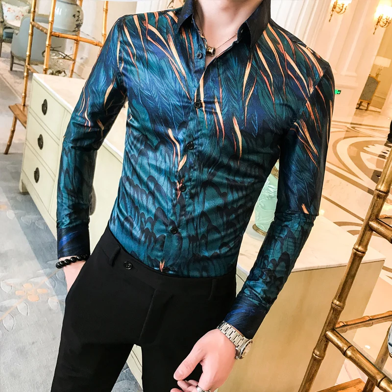

Autumn New Men Leaf Print Shirt Long Sleeve Button Slim Men's Designer Shirt Fashion Men's Party Retro Print Shirt Chemise Homme