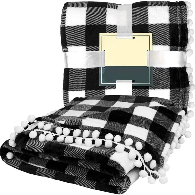 

Blanket, White Black Check Soft Fleece Fringe Blanket for Couch Bed Sofa