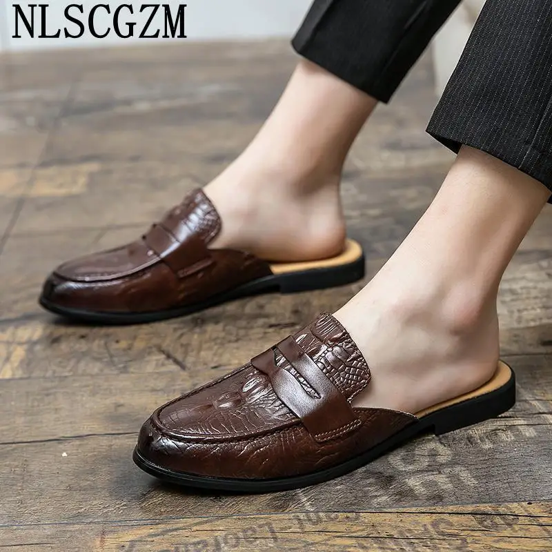 

Brown Mules Men Slippers Leather Crocodile Shoes Man Black Summer Slippers for Men Casual Slides Slippers half shoes for men
