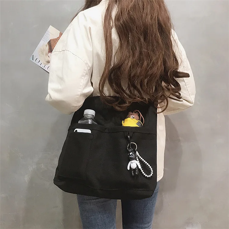 Canvas Bag Women's Single Shoulder Japanese Harajuku Ulzzang Cartoon Zipper Student Cloth Bag Ladies Shopping Bag Phone Case images - 6