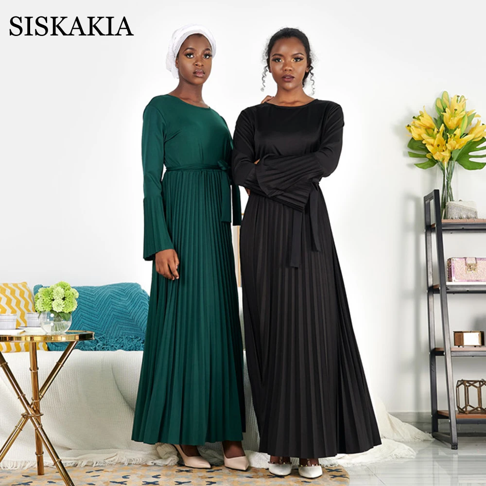 Женское Макси Платье с круглым вырезом Siskakia однотонное платье расклешенным