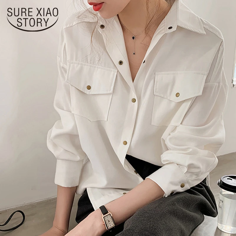 

White Blouse Cotton Shirts Women Casual Loose Tops Lapel Female Blouses New Solid Office Ladies Shirts Femme Blusas 12889
