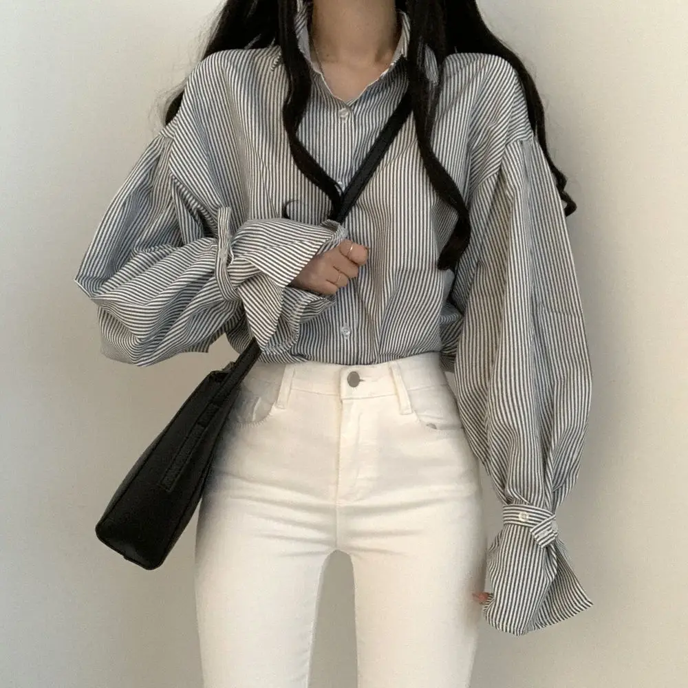 Женская Свободная рубашка в тонкую полоску с длинными рукавами французский