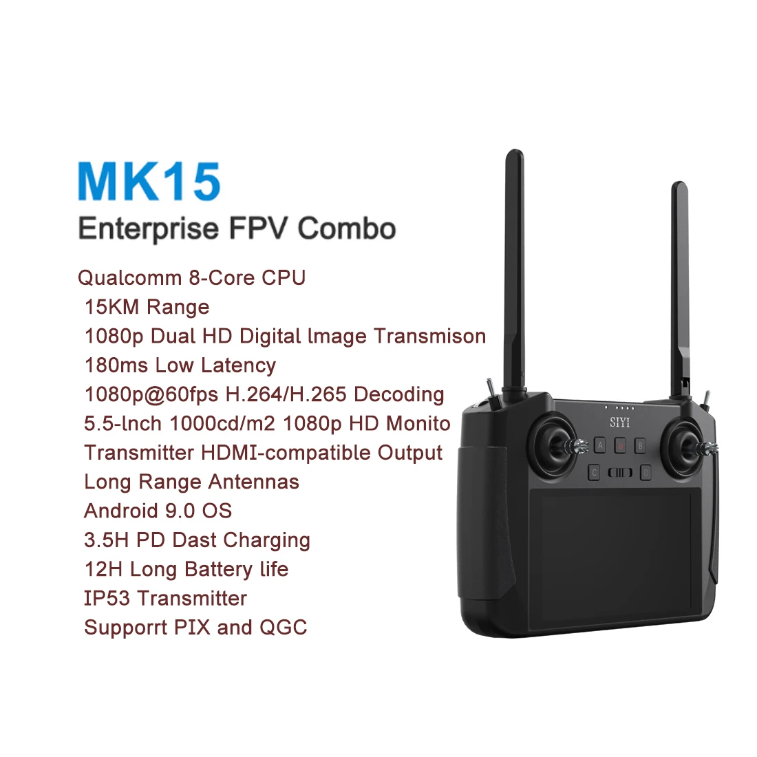 

SIYI 15KM 1080P SIYI MK15 Mini Handheld Radio System Transmitter Remote Control 5.5-Inch HB Screen FPV Android OS 2G RAM 16G ROM