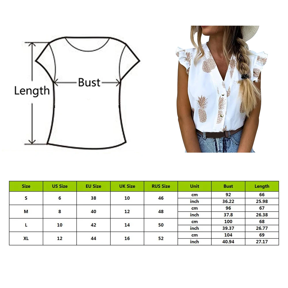 

2020 Summer Women Elegant Vacation Leisure Top Female Holiday Girls Sweet Shirt Pineapple Print Flutter Sleeve Casual Blouse