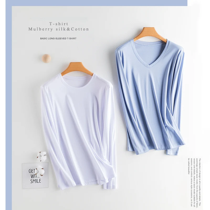 

Long Sleeve T-shirt High-end Women Silk & Mercerized Cotton T-shirt Luxury Tee Basic Silk Feeling Summer Wear Autumn V / O-neck