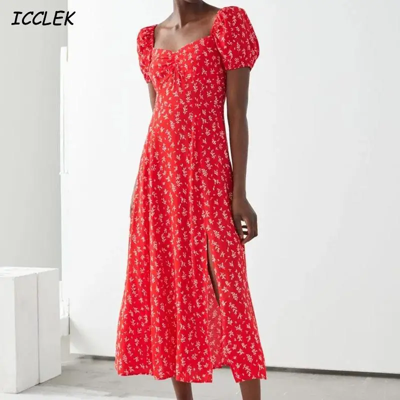 

Dress Woman Printing Floral Square Neck Spring Summer Dress Puff Sleeve Elegant Chic Dress New Year Party Dresses Vestidos Mujer