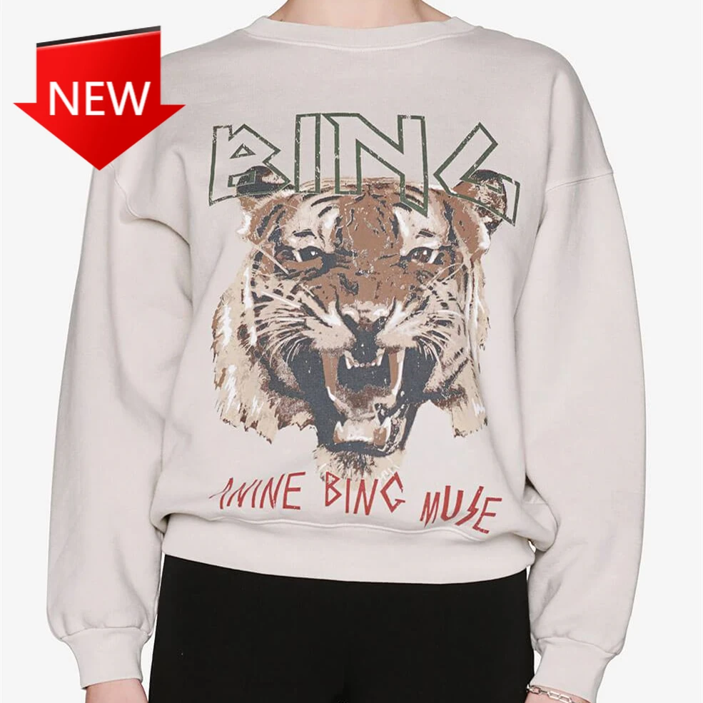 

Hoodies Apricot Cotton O-neck Loose Long Sleeve Tops Fashion Streetwear Lady American Casual Vintage Tiger Head Sweatshirt Women