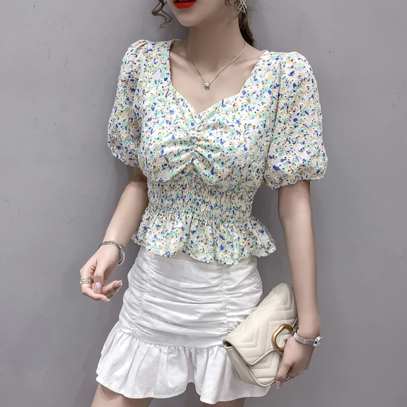 

2021 Summer Women's Shirt Floral Print Puff Short Sleeve Square Collar Crop Top Slim Elastic Waist Ruffles Blouse Ropa De Mujer