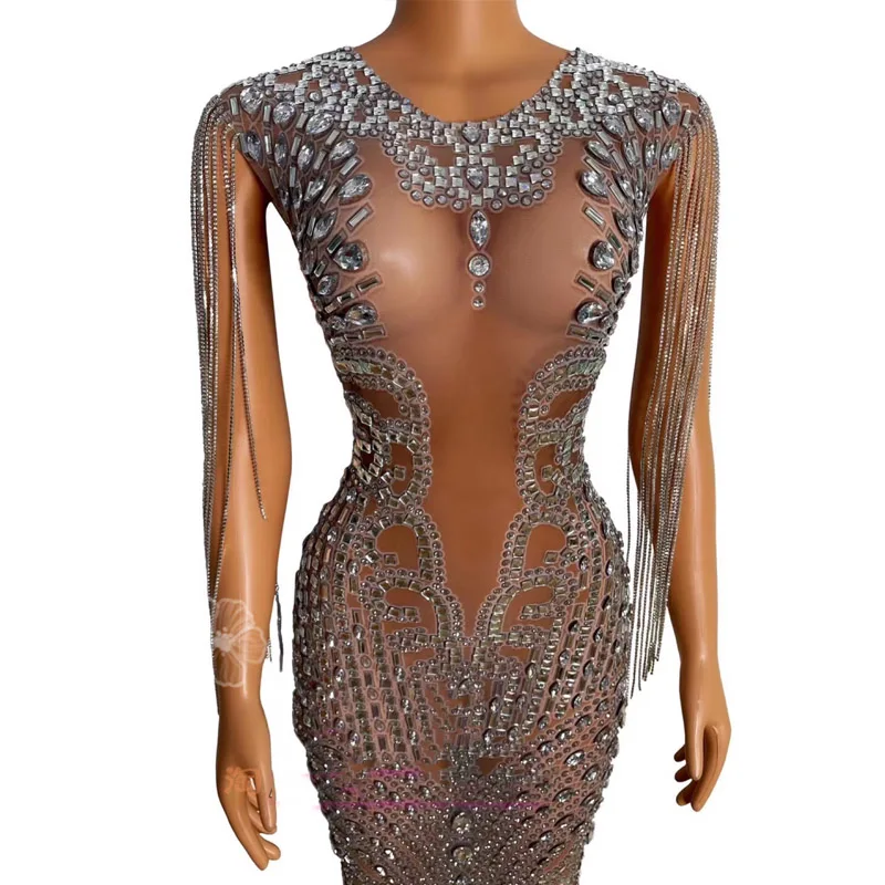 

Female Singer Elegant Performance Costumes Full Rhinestone Fringe Dress Nightclub Women Pole Jazz Dance Rave Outfits DWY6753