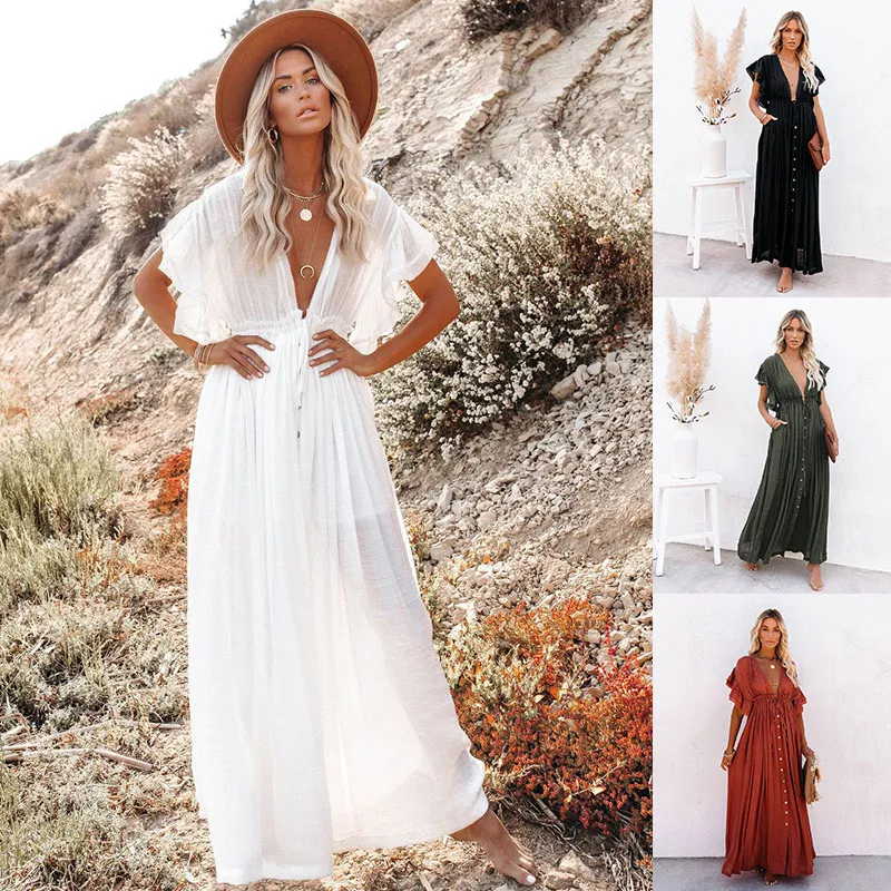 

Beach Dress Women 2021 Summer New Fashion Solid Color Short Sleeve V-neck Loose Long Dresses Female LR1052