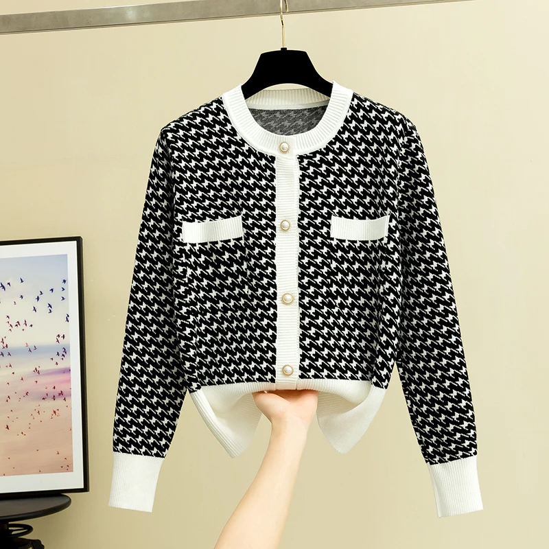 Элегантный однобортный клетчатый вязаный кардиган женский черный модный свитер