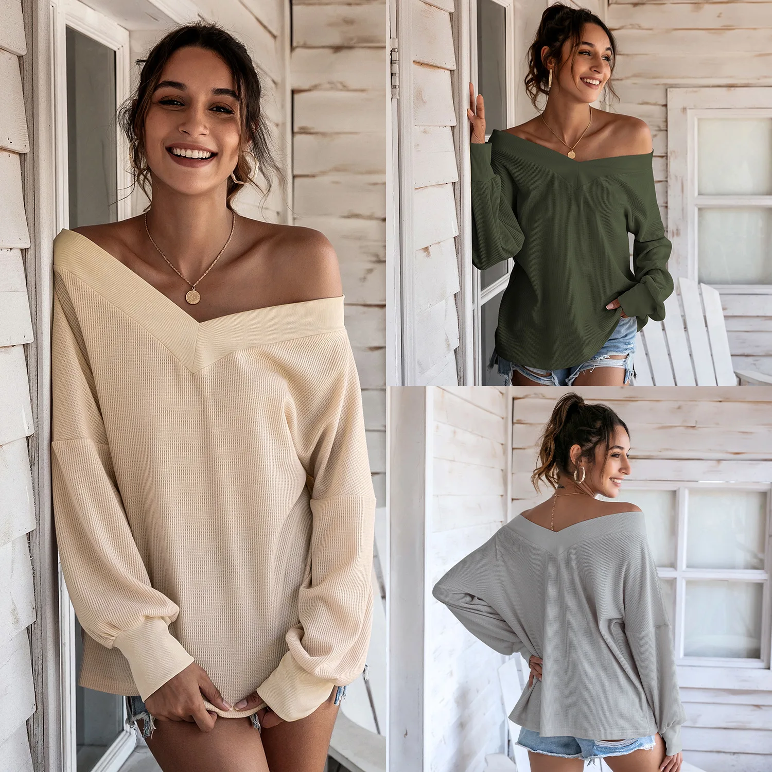 

2021 Autumn/winter New Solid Color V-neck Fashion Loose Top Casual Women's Wear