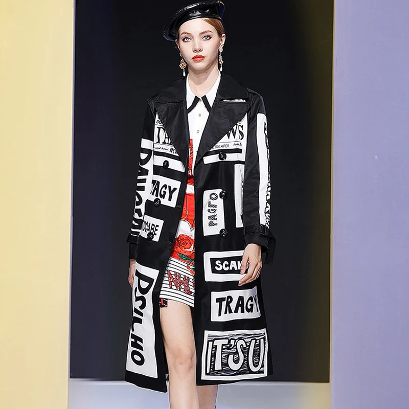 Новинка 2019 Модный повседневный длинный Тренч для подиума женский рукав черный