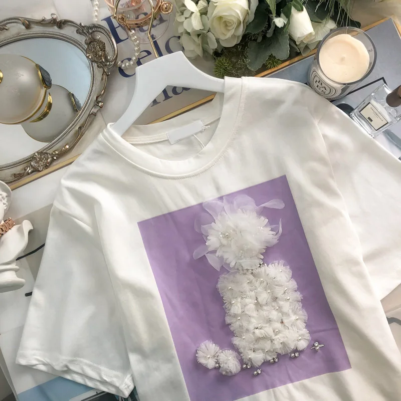 

2021 Summer Western Style High Street Ladies Top Beaded Flower Cotton New Lazy Women T-shirt Loose Korean Fashion Sweet Tee