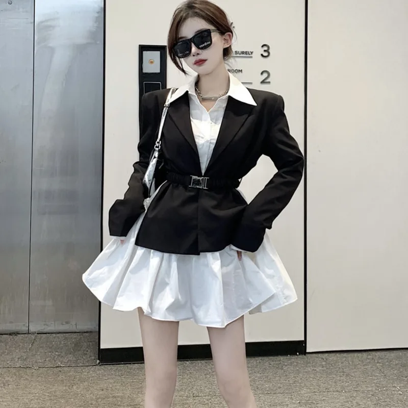 

2021 Fall Korean Fashion Casual Two Piece Set Women Blazer Coat + Bow Shirt Dress Suits Ladies High Street 2 Piece Dress Sets