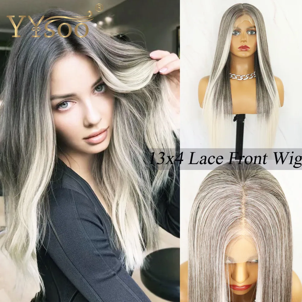 YYsoo Long Silky Straight 4T60# Baylayage13x4 Futura Synthetic Lace Front Wigs For Women Glueless Half Hand Tied Highlights Wig
