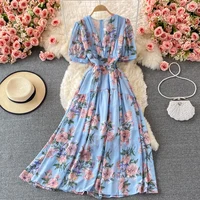 Summer Bohemian Floral Long Dress For Women Sexy V-Neck Short Sleeve High Waist A-Line Big Swing Vestido Casual Blue Robe 2021