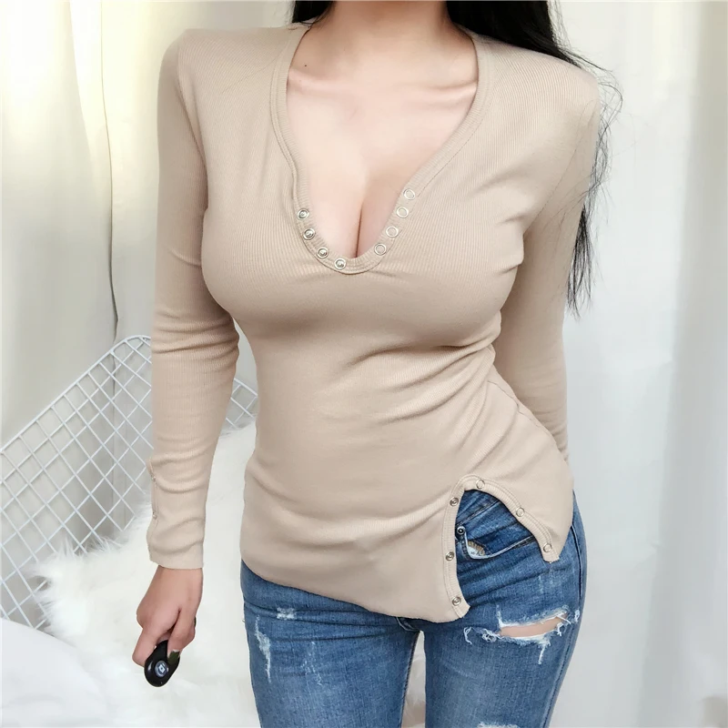 

Sexy V-Neck Button Tshirt Women T Shirt 2022 Autumn T-Shirt Women Tops Korean Long Sleeve Vetement Femme Ropa Mujer Clothes