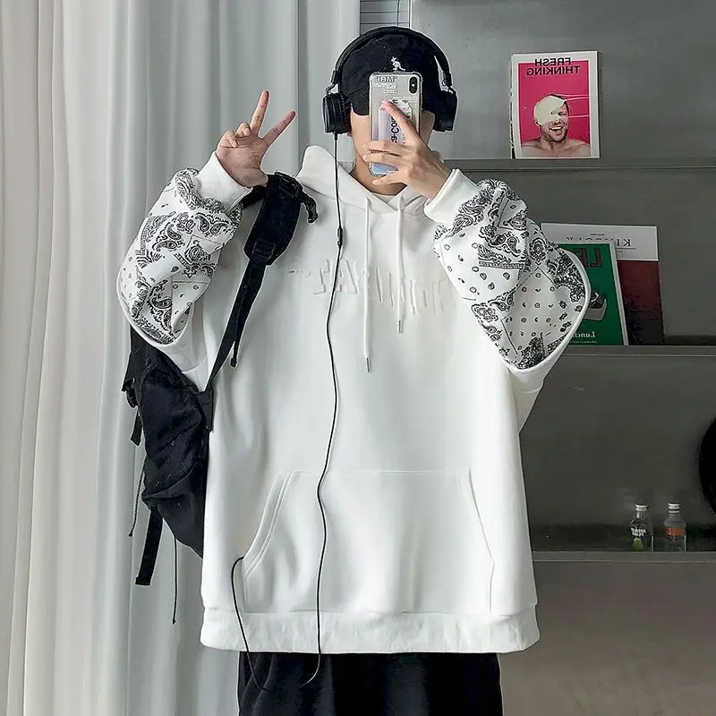 

Pullover Fake Two-piece Hong Kong Style Autumn and Winter Sports Shirt New Men's Cashew Loose Trend Printing Hooded Jacket Goth
