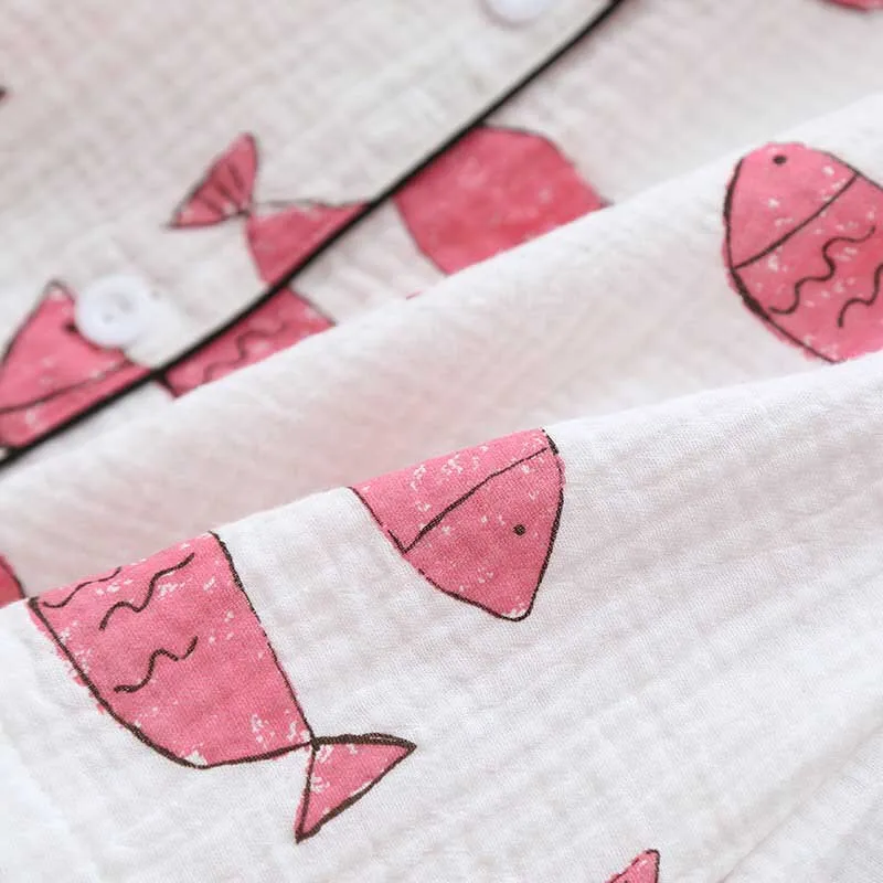 Summer New Ladies Korean Style Pajamas Set Comfort Gauze Cotton Women Loose Sleepwear Set Turn-down Collar Casual Wear Home-wear