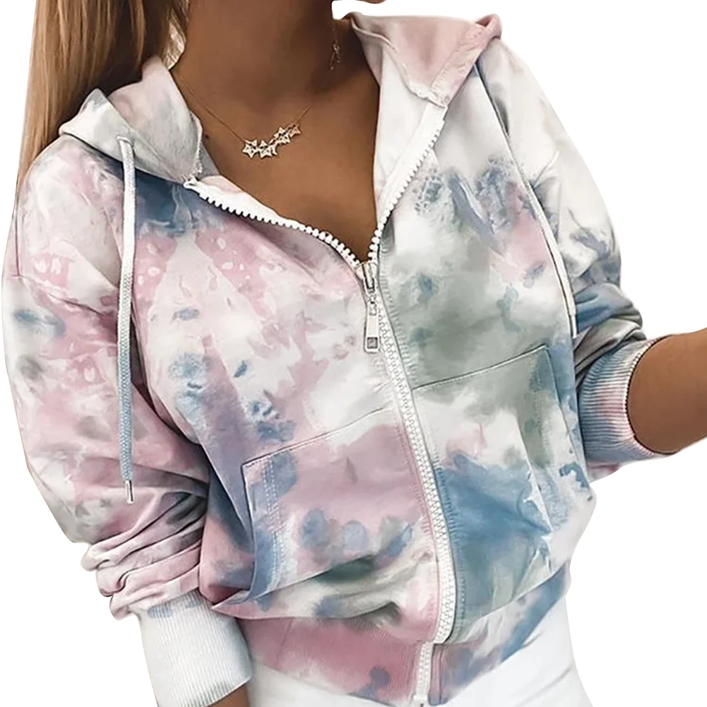 

2020 Women Tie-dye Hoodie Long Sleeve Front Pockets Drawstring Coat Casual Style Cardigan